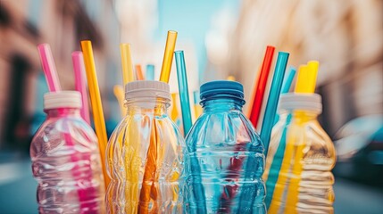 Colorful Plastic Bottles and Straws in Urban Setting