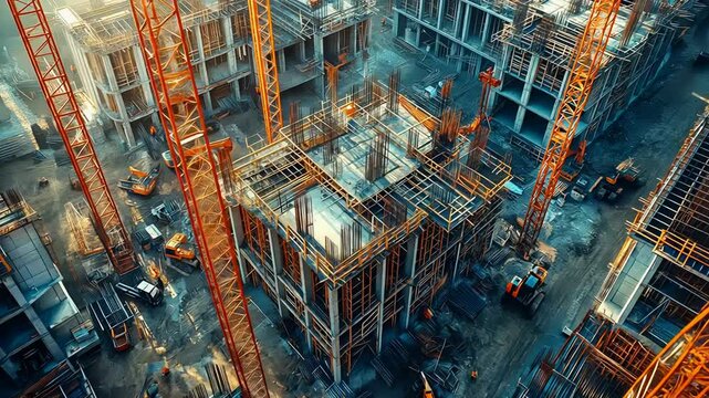 Aerial view of high rise building construction in urban area showcasing cranes and machinery at work