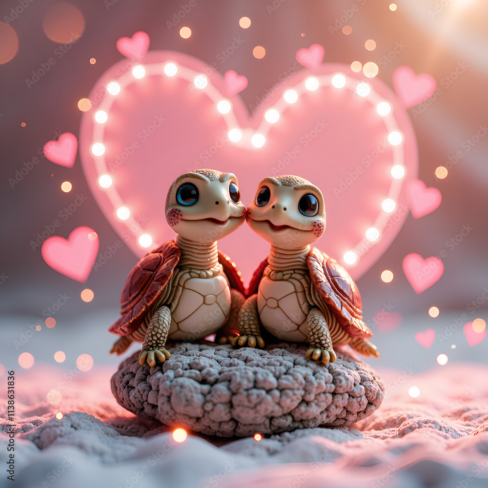 Canvas Prints adorable turtle companions surrounded by a heartwarming glow and playful hearts, 3d rendering of cut