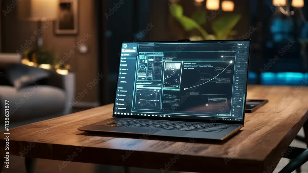 Poster laptop displaying a graph and code on its screen is sitting on a wooden desk in a modern living room