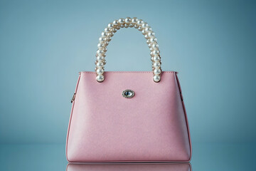 Luxurious pink handbag with pearl handle on a glossy surface.illustration