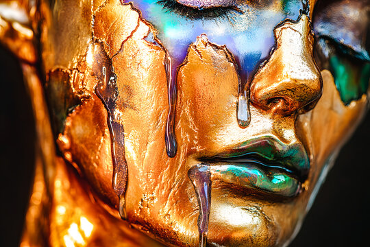  visage f&eacute;minin de statue, dor&eacute; et m&eacute;tallique,