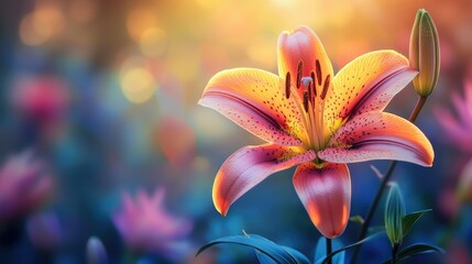 Fototapeta premium Orange lily flower in sunset light.