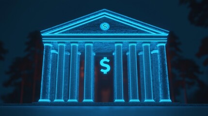 Obraz premium Digital Bank Building, Neon Glowing Structure, Financial Institution