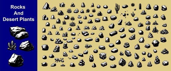 doodle rocks, stones and desert plants illustration set. cartoon illustration