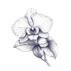 Fototapeta premium A hand-drawn watercolor illustration of blue orchid flowers and buds is presented on a transparent background. This indigo monochrome floral piece is perfect for use in fashion designs, prints,