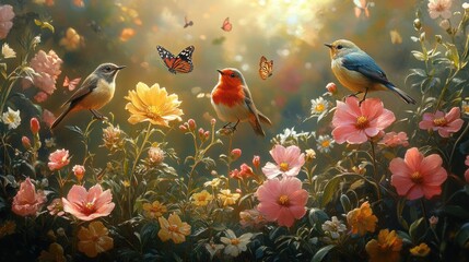 A serene scene of colorful birds amidst vibrant flowers and butterflies in a lush garden.