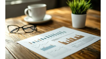 Financial report on wooden desk with coffee cup and glasses.