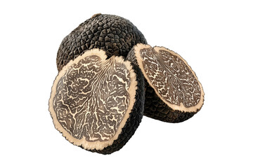 Fototapeta premium Fresh black truffles isolated on white transparent background, great for culinary and gourmet themes.