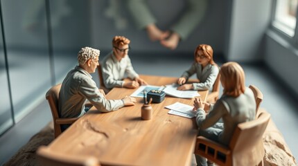 Fototapeta premium Group of people are sitting around a wooden table in a conference room