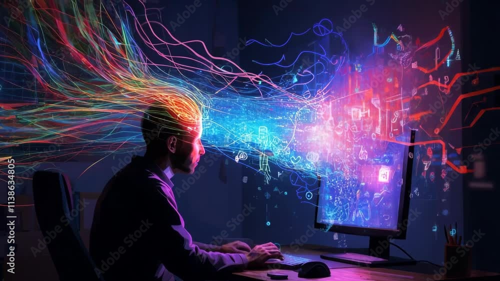 Poster programmer works at a computer during the night. light effects emanate from the screen, entering the