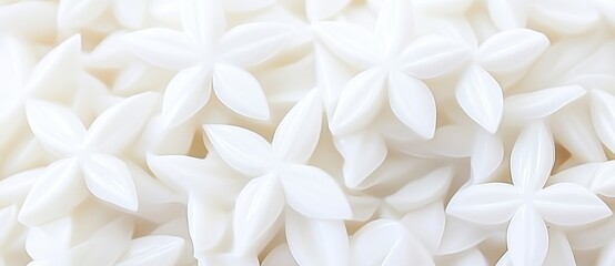 A close-up image of wall decoration with carefully arranged white flowers and leaves