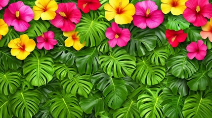 Vividly hued tropical flowers surrounded by lush green leaves on a light-colored background