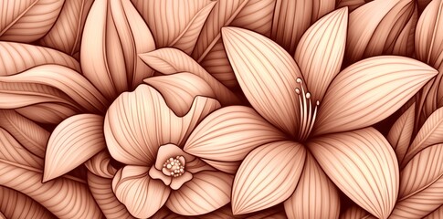 A pink-background floral design in the baroque style includes vintage peonies, tulips, lilies, and hydrangeas, evoking a classic look.