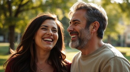 Fototapeta premium Man and woman are smiling and laughing together in a park