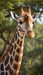 Obraz premium An intimate portrait of a giraffe nibbling on leaves, showcasing its large eyes, detailed fur, and elegant features, set against a peaceful and softly blurred African savanna backdrop