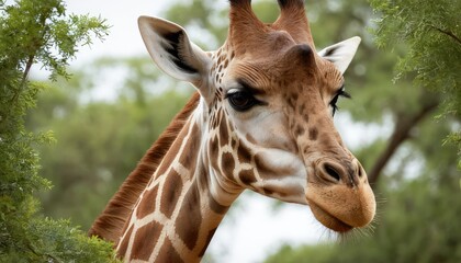 Fototapeta premium A close-up of a majestic giraffe’s face with expressive eyes and intricate fur patterns, gracefully reaching for fresh green leaves against a soft, blurred savanna background
