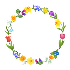 Spring flower frame circle border. Bright floral wreath for cute springtime design. Cartoon flowers snowdrop, daffodil, tulip, crocus, forget-me-not, primrose. Vibrant spring nature background.