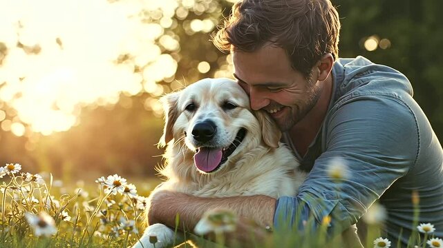 Man and Pet in Park Embracing Happiness and Gratitude