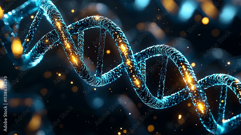 Poster abstract 3d illustration of dna helix with bright elements and medical background for science