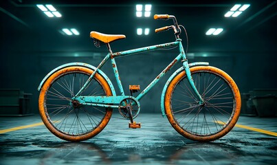 Fototapeta premium Old Rusty Bicycle in Abandoned Warehouse with Vibrant Blue and Orange Color Contrast