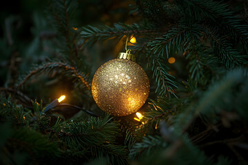 Close up of a festive branch featuring a glittering gold bauble and glowing lights, surrounded by green pine needleshigh quailty image