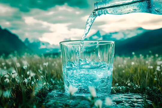 Bouteille versant de l 'eau dans un verre pos&eacute; sur un rocher dans l'herbe en ext&eacute;rieur