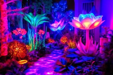 A radiant plant in a fantasy forest, adorned with bioluminescent leaves and flowers that light up the night.