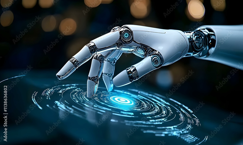 Poster mechanical robot arm interacting with virtual interface in futuristic technology setting