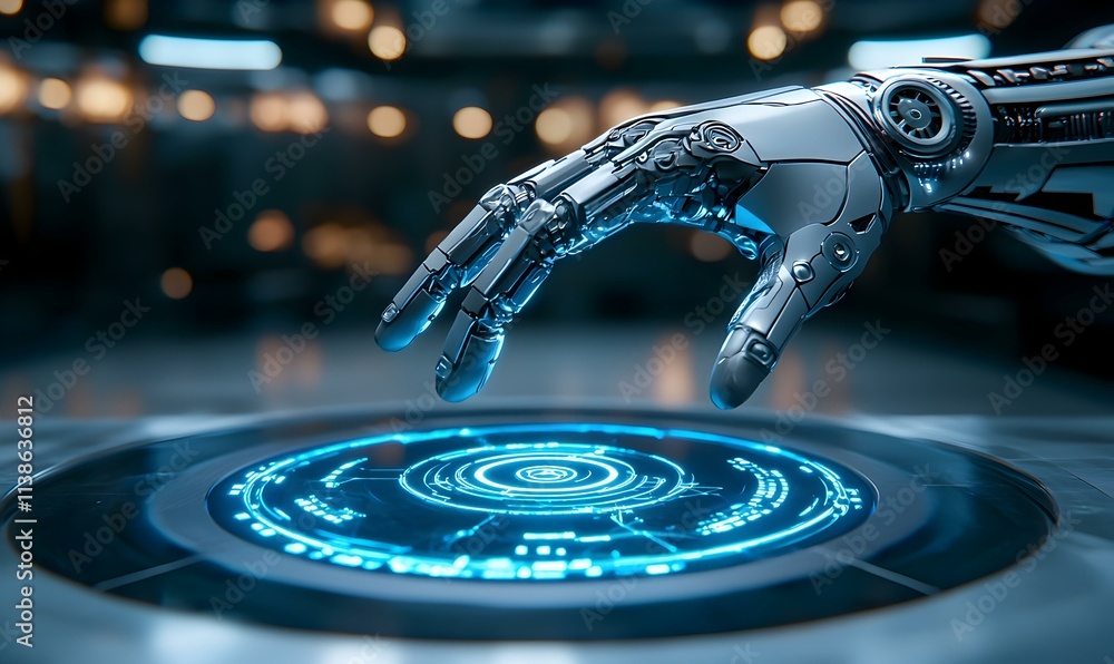Poster mechanical robot arm interacting with virtual interface in futuristic environment