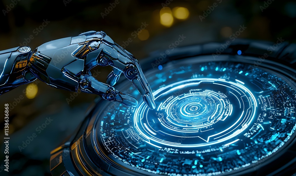 Poster mechanical robot arm interacting with virtual interface in futuristic digital environment