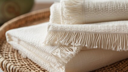 Fototapeta premium A close-up of two cream-colored, woven cotton towels with fringed edges, stacked on top of each other and placed in an elegant, woven basket.