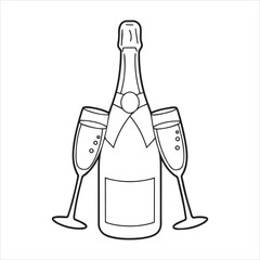 black and white drawing of a wine bottle and two glasses