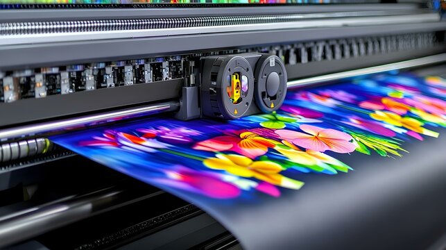 High-Quality Inkjet Printer at Work Producing Vibrant Colorful Floral Print on Large Format Material