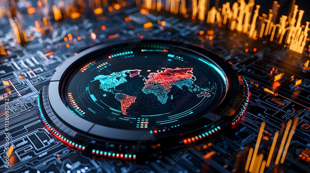 Poster futuristic user interface display with global map and data visualizations in technology setting