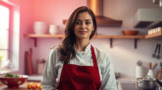 Woman in a red apron stands in a kitchen with a smile on her face