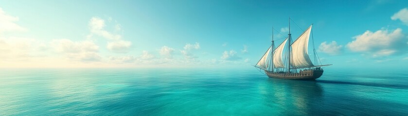 Fototapeta premium A serene seascape featuring a majestic sailing ship gliding through tranquil turquoise waters under a clear blue sky.