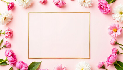 Pink and White Flowers Arranged Around a Golden Frame on a Pastel Pink Background