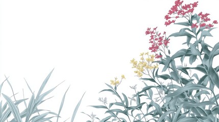 Fototapeta premium A basic and neat drawing of cartoon flowers with reduced lines, featuring a white background.