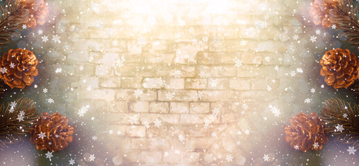 Christmas background with empty brick wall template, decorative fir tree branch and cones. New Year winter holidays fantasy cozy concept, snowy wide fairy tale banner, magic mysterious abstract card.