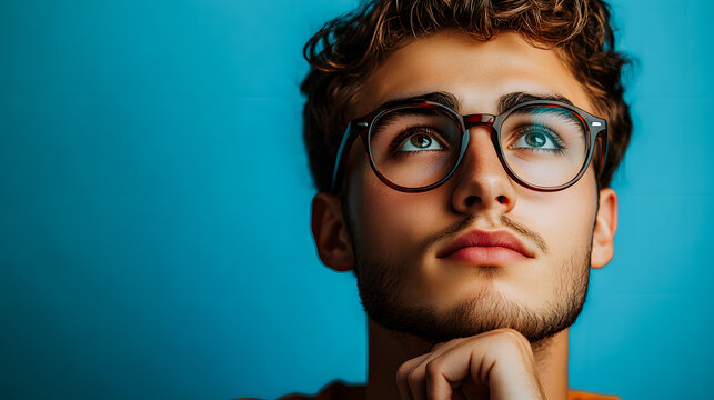 Jeune homme pr&eacute;occup&eacute; regardant vers  le haut