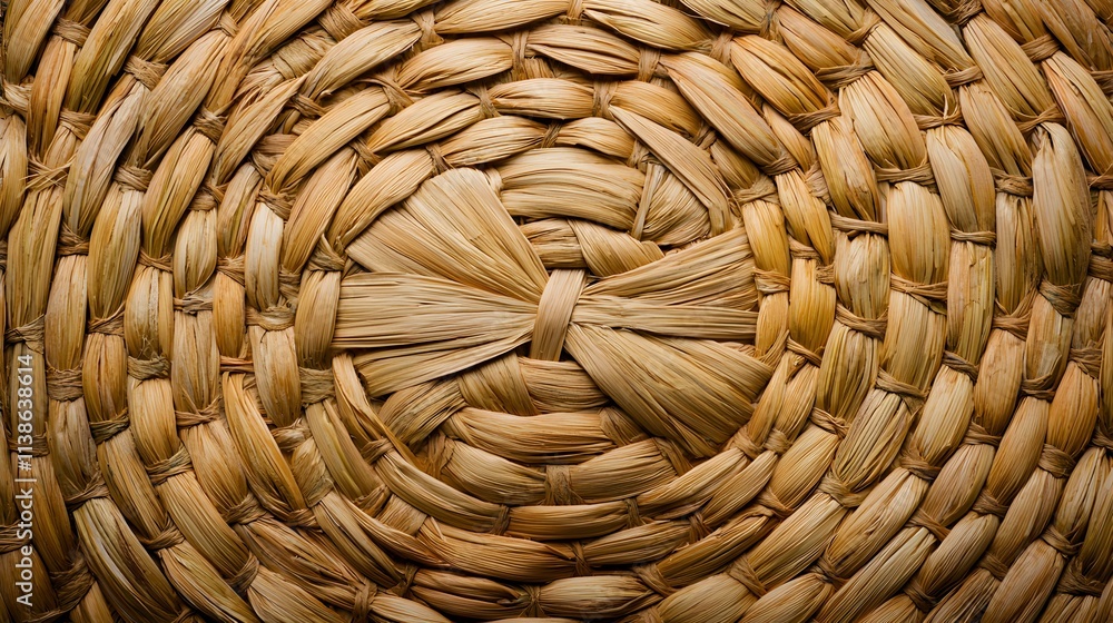 Poster close-up view of decorative straw plate with intricate weaving design and natural texture