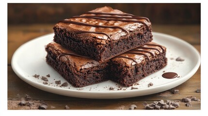 Deliciously Indulgent Chocolate Brownies on a Rustic Plate with Drizzling Chocolate Sauce and Chopped Chocolate Snacks on Wooden Background