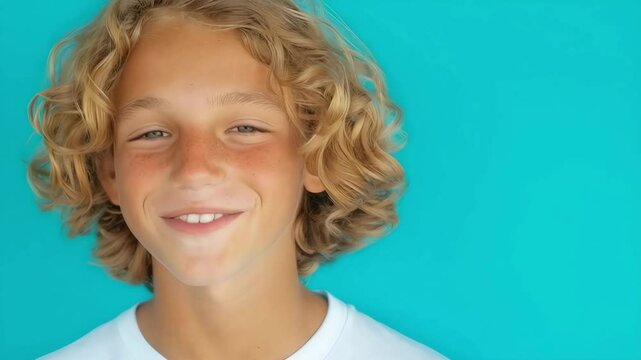 Smiling curly-haired boy in white shirt with turquoise background, camera zooms in, cheerful footage.
