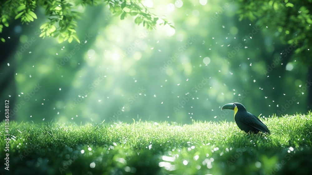 Poster a serene scene with a bird in a sunlit forest, surrounded by floating particles.