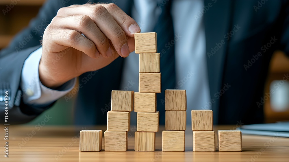 Poster businessman assembles blocks to create a solid structure with focus and determination