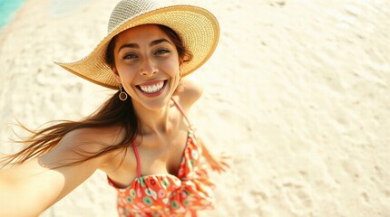 Woman wearing a straw hat and a floral dress is smiling at the camera