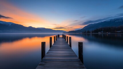 Sunset reflections over a calm lake with a wooden pier stretching into the water