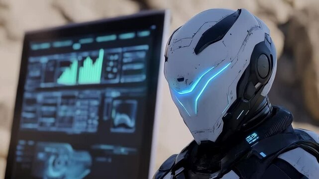 White armored robot with glowing blue visor moving head in futuristic digital background, AI technology footage.