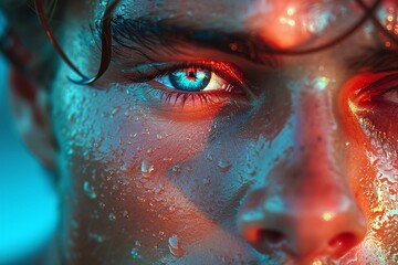 Extreme close-up of a man’s face with water droplets, illuminated by dramatic blue and orange lighting, focus on vibrant blue eyes, intense gaze, creative artistic portrait concept, wet skin, modern p